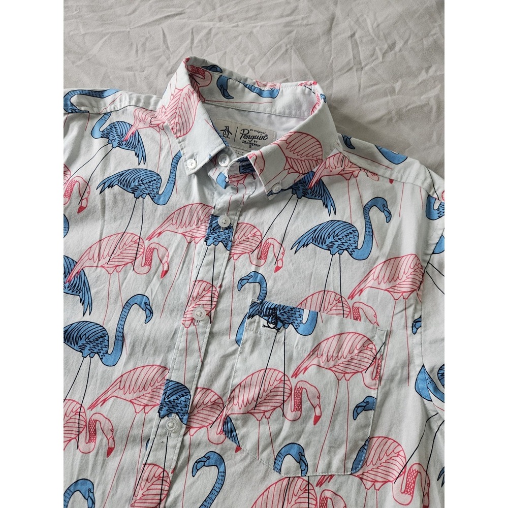 Original Penguin Stretch Button-Down Shirt Men's Small All Over‎ Print Flamingos
